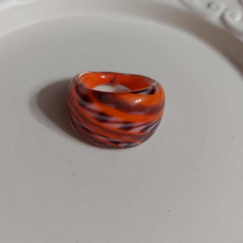 Murano Glass Orange/Brown & White Swirl Ring Size 7&1/2-8 'Orange Swirl'